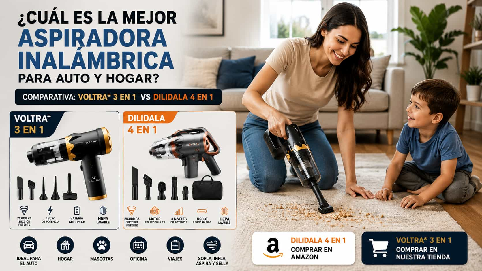Aspiradora Inalámbrica Comparativa entre la aspiradora inalámbrica Voltra® 3 en 1 y la aspiradora de mano DiliDala 4 en 1 para auto y hogar