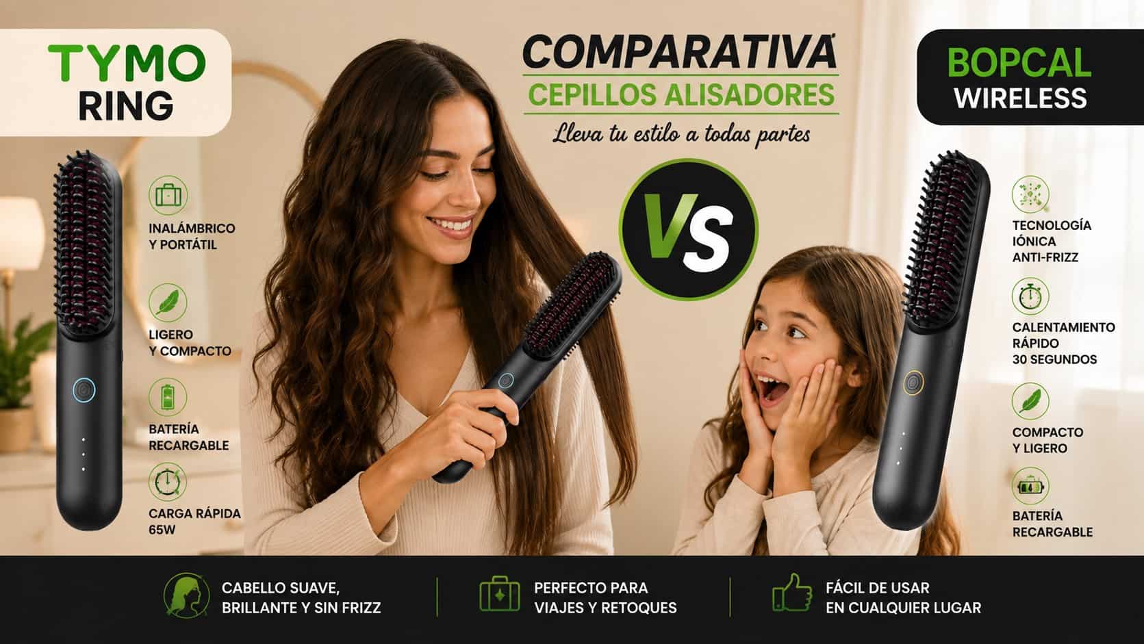 Comparativo de cepillo alisador inalámbrico TYMO Ring vs Bopcal para cabello sin frizz