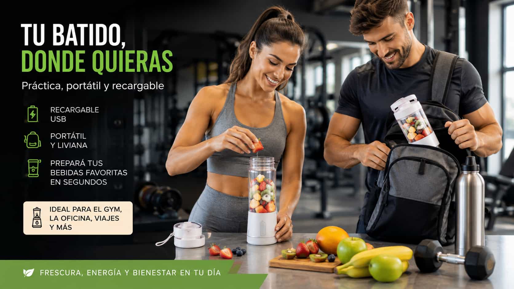 Mini licuadora portátil USB con instrucciones para preparar licuados y jugos
