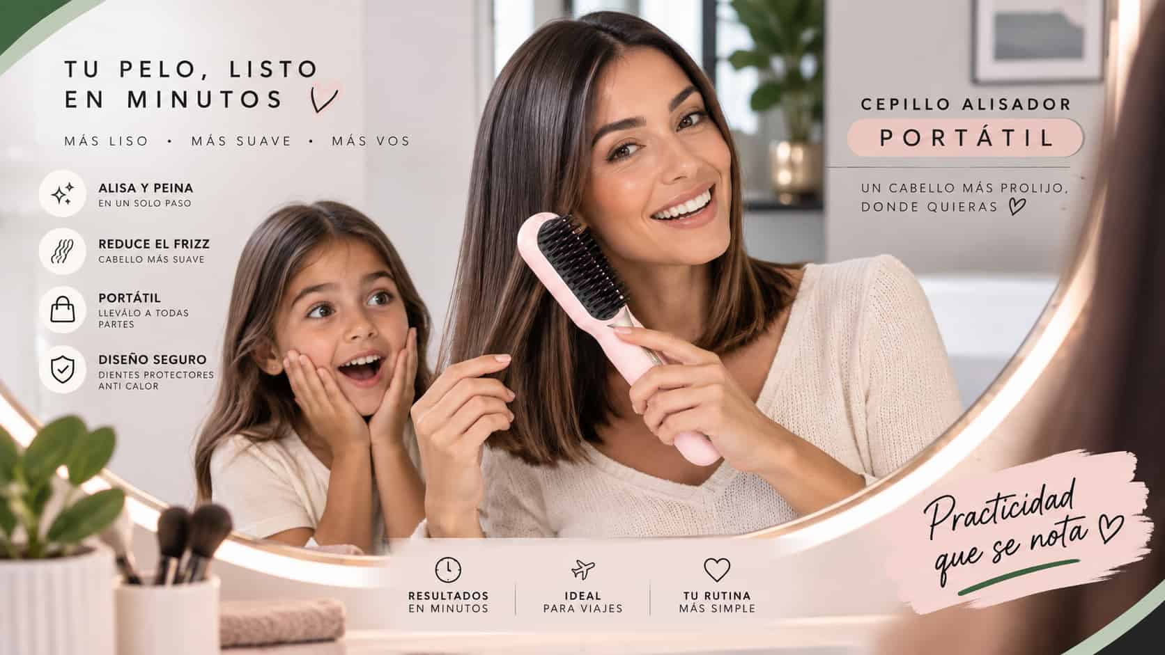 Cepillo Alisador Portátil utilizado por una mamá mientras su hija observa el resultado frente al espejo