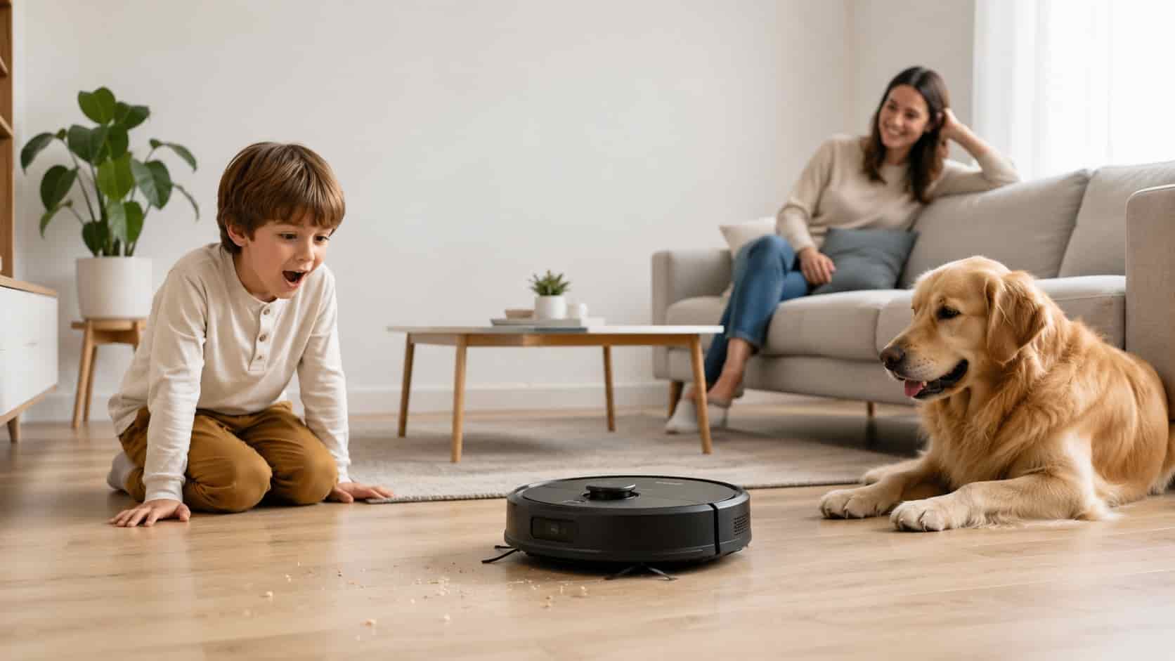 Robot aspirador limpiando el piso de un hogar moderno junto a una madre, un niño y un perro